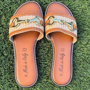Vera Pelle Tan and Cream Slide Sandals